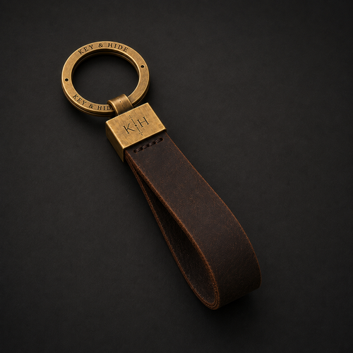 A dark brown leather keychain with a brass key ring engraved with 'KEY & HIDE' and a matching brass keeper engraved with 'K&H', shown on a dark background.