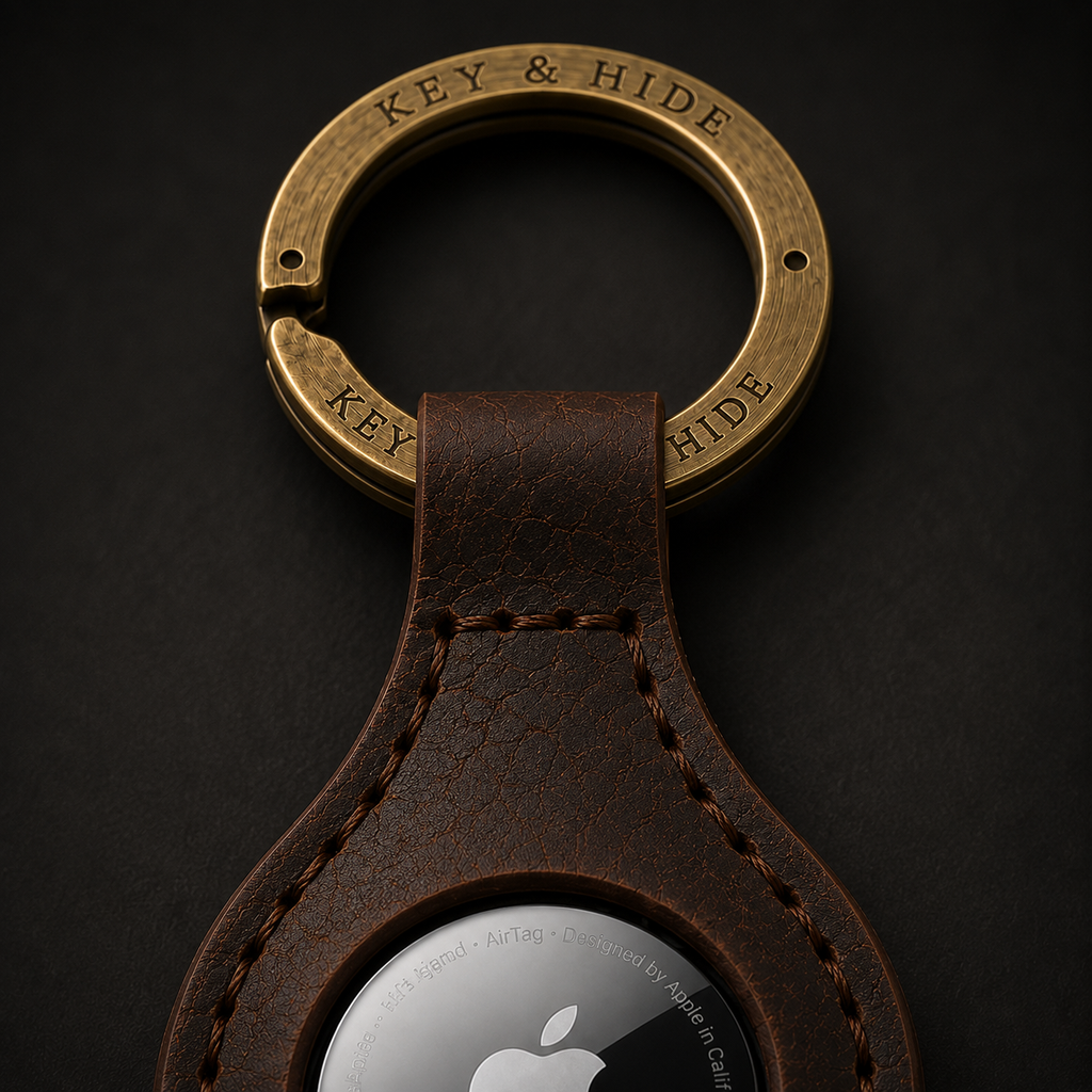 A close-up of a brown leather keychain with a brass key ring engraved with 'KEY & HIDE' and a silver AirTag visible in the leather loop, set against a dark background.