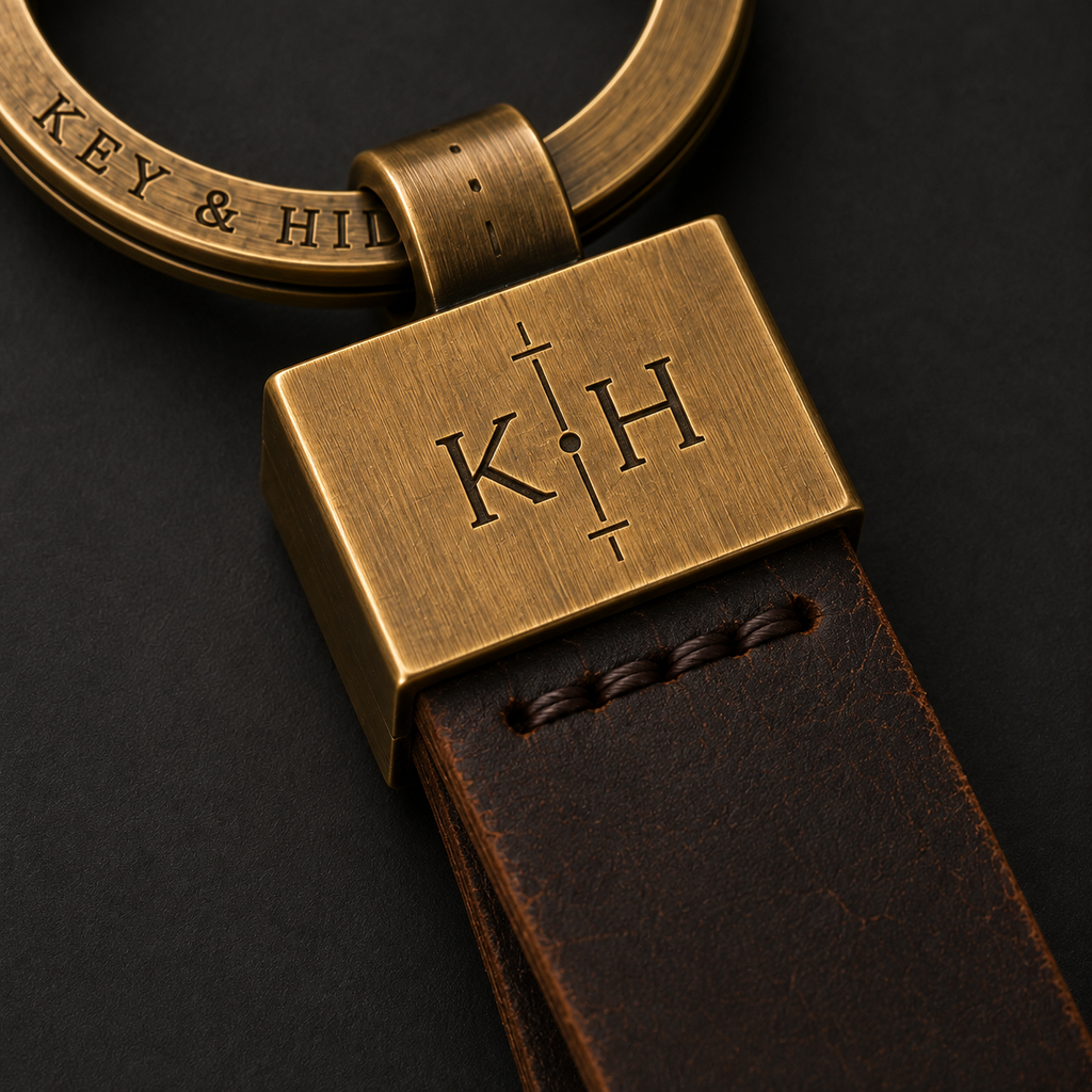 Close-up of a personalized brass keychain with a rectangular engraved plate showing the initials 'K.H' and a dark brown leather strap on a dark background.