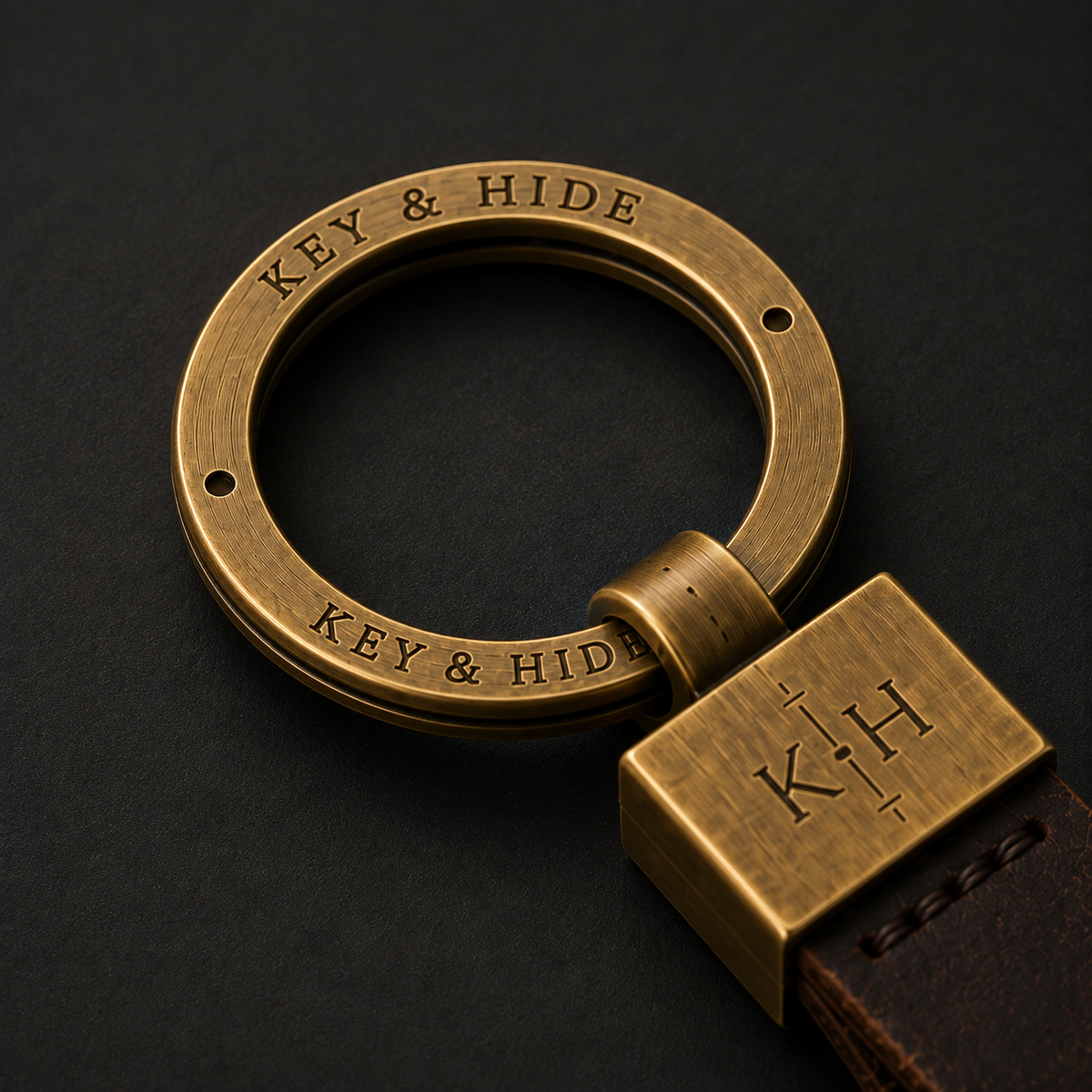 A close-up of a brass keyring with a matching rectangular key fob and a brown leather strap, both engraved with the brand name 'KEY & HIDE'.