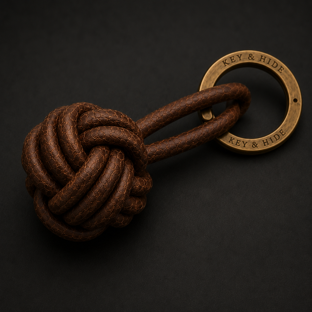 A brown leather keychain featuring a knotted leather ball and a brass key ring engraved with the brand 'KEY & HIDE', set against a dark background.