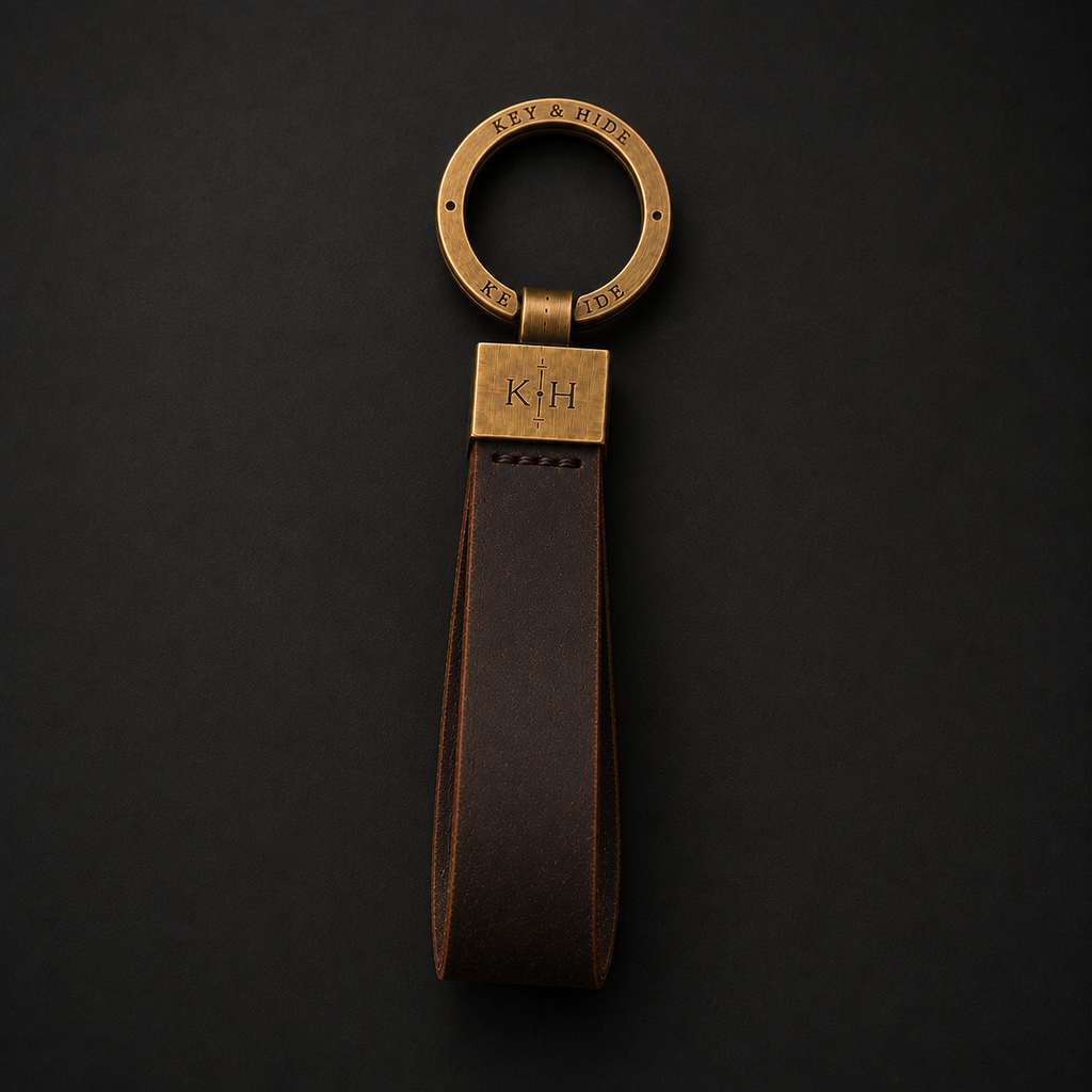 A personalized leather keychain with a dark brown leather strap and a brass-toned metal ring and connector plate engraved with the initials 'K+H' and 'MVP & RIV'.