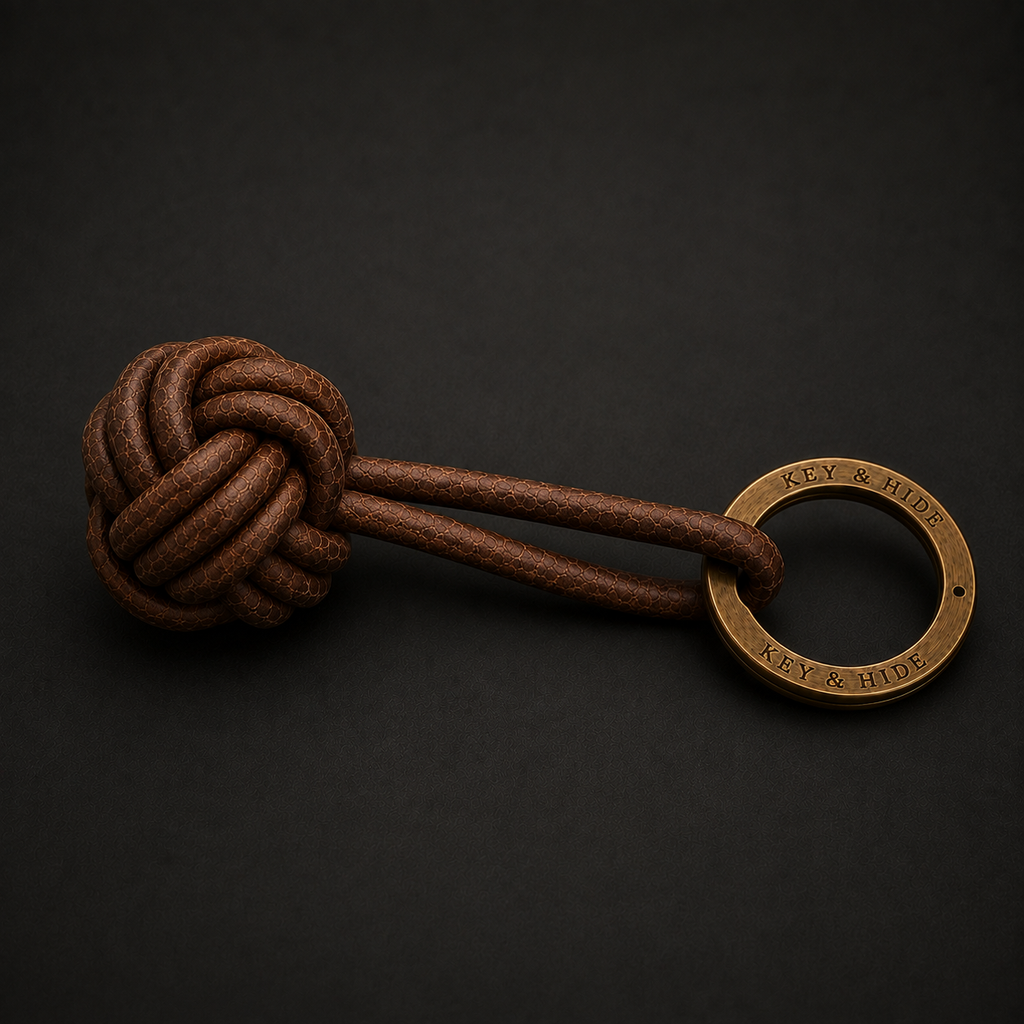A brown leather keychain with a knotted cord and a circular bronze key ring engraved with the brand name 'Kissy & Hude', set against a dark textured background.