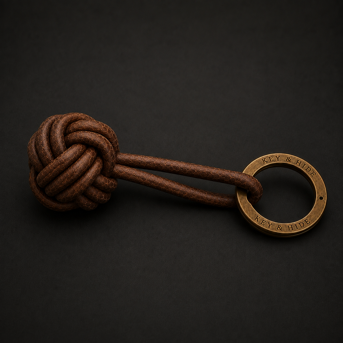 A brown leather keychain with a knotted cord and a circular bronze key ring engraved with the brand name 'Kissy & Hude', set against a dark textured background.