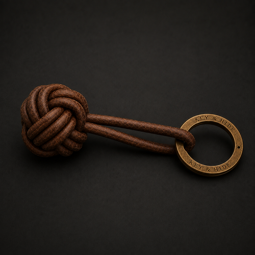 A brown leather keychain with a knotted cord and a circular bronze key ring engraved with the brand name 'Kissy & Hude', set against a dark textured background.