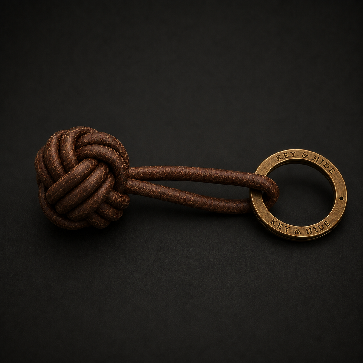 A brown leather keychain with a knotted leather ball and a brass key ring engraved with 'KEY & HOME', set against a dark textured background.