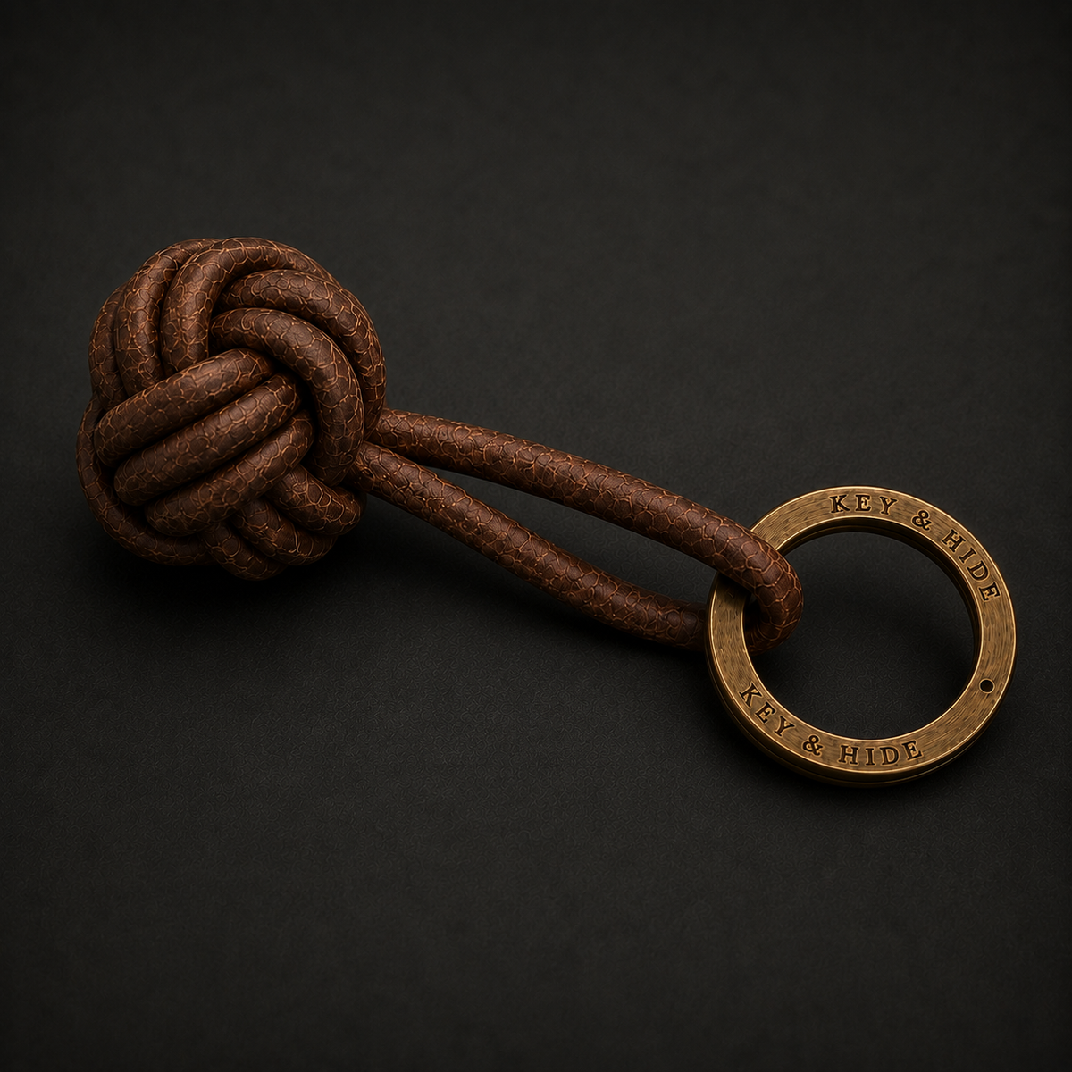 A brown leather keychain with a knotted ball design and a round metal key ring engraved with 'KEY & HIDE', shown on a dark background.