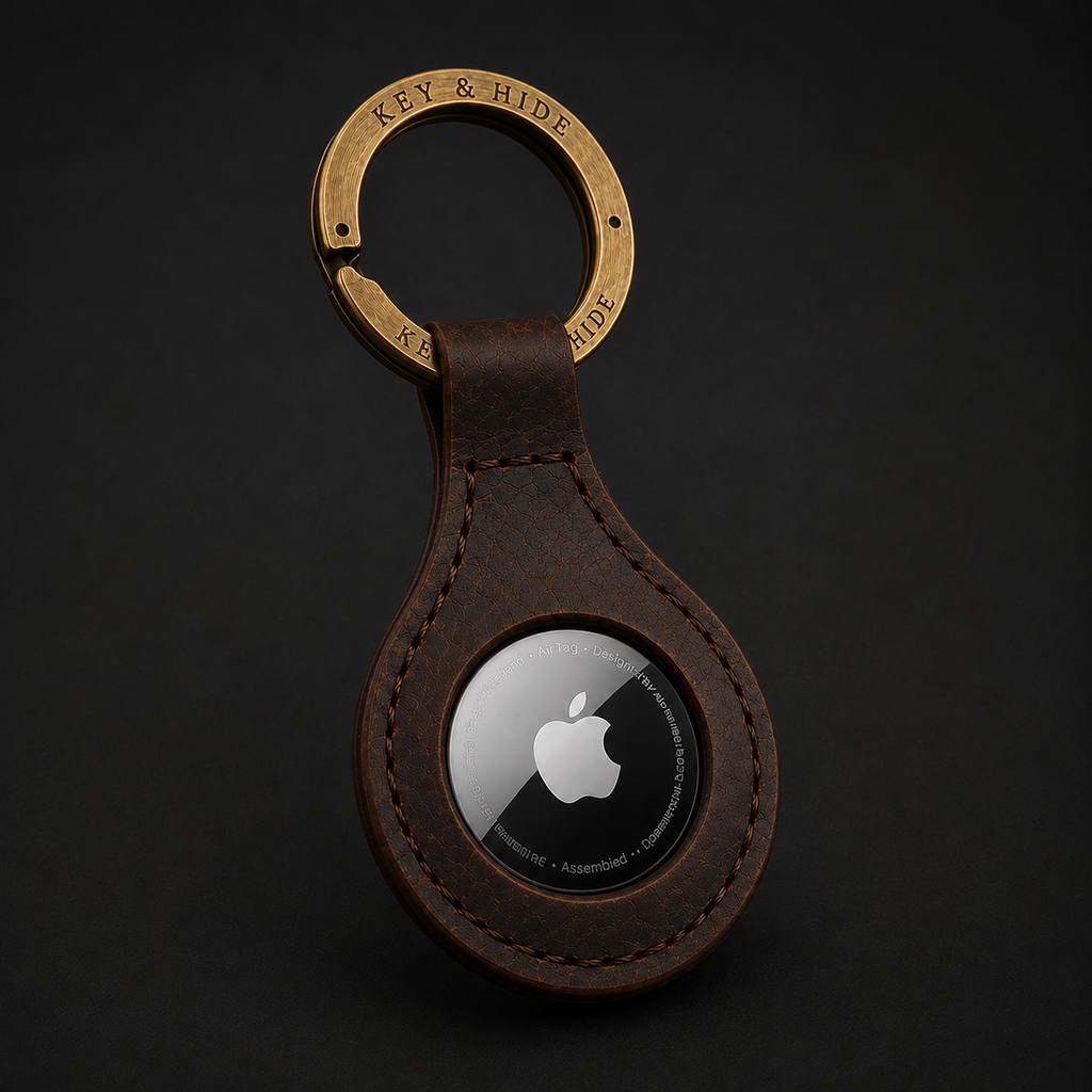 A brown leather key case with a circular cutout containing an Apple AirTag, attached to a brass key ring engraved with 'KEY & HIDE'. The product is photographed on a dark, textured background.